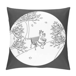 Personality  Hand Drawn Cartoon Fox Sitting On A Bench In The Park And Drinking Coffee. Vector Illustration Pillow Covers