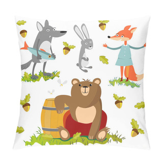 Personality  Cartoon Forest Animal Characters. Wild Cartoon Cute Animals Collections Vector. Set Of Cartoon Forest Animals Flat Vector Illustration. Hare, Wolf, Fox, Bear Pillow Covers