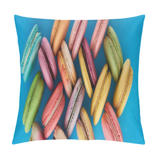 Personality  Top View Of Colorful Delicious French Macaroons On Blue Bright Background, Panoramic Shot Pillow Covers