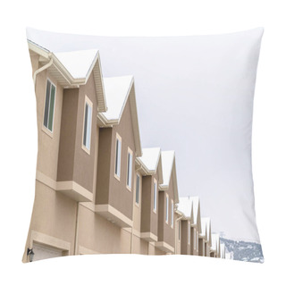 Personality  Focus On Upper Floors Of Two Storey Townhouses Against White Sky View In Winter Pillow Covers
