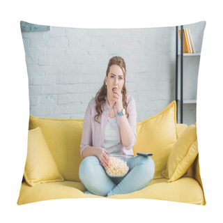 Personality  Beautiful Woman Watching Movie And Eating Popcorn At Home Pillow Covers