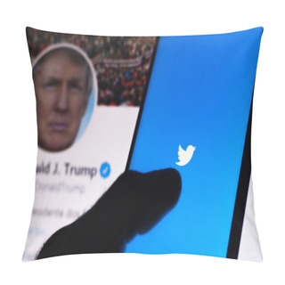 Personality  June 5, 2020, Brazil. In This Photo Illustration The Twitter Logo Seen Displayed On A Smartphone. In The Background, The Official Page Of The President Of The United States, Donald Trump. Platform May Suspend Account Of The American Politician. Pillow Covers