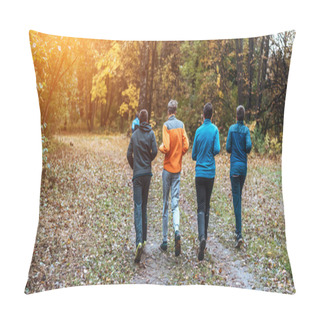 Personality  Running Athletes In The Park On A Run In The Early Morning. Several Children Are Running In The Woods Doing Sports. Healthy Lifestyle. Pillow Covers
