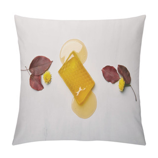 Personality  Top View Of Honey Soap With Dandelions And Leaves On White Marble Surface Pillow Covers