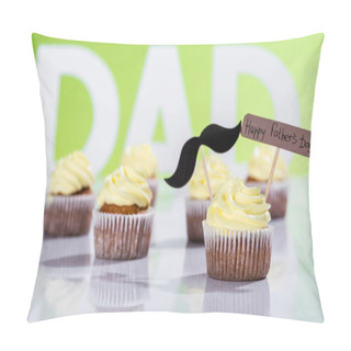 Personality  Creamy Cupcakes With Mustache Sign And Happy Fathers Day Inscription In Front Of Dad Inscription Made Of White Letters On Green Pillow Covers