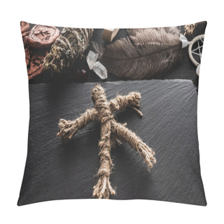 Personality  Voodoo Doll Near Feathers And Crystals On Black Surface  Pillow Covers