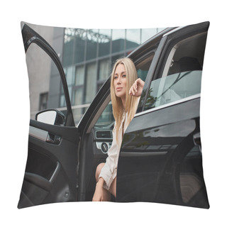 Personality  Trendy Blonde Woman In Casual Clothes Sitting In Modern Car And Looking Away On Urban Street Pillow Covers