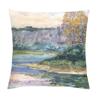 Personality  Watercolor Landscape. Autumn Evening On The Lake Pillow Covers