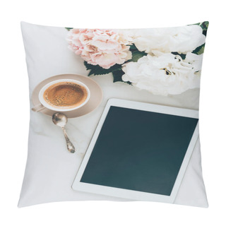 Personality  Top View Of Cup With Espresso Coffee, Hortensia Flowers And Digital Tablet With Blank Screen On Marble Surface Pillow Covers
