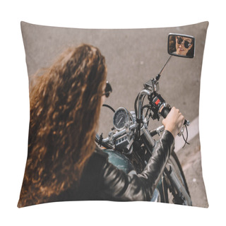 Personality  Beautiful Curly Girl Sitting On Motorbike On Parking Pillow Covers