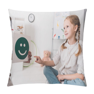 Personality  Adorable Little Child Pointing At Smiley Face On Paper In Hand Of Psychologist  Pillow Covers