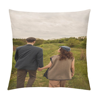 Personality  Brunette And Fashionable Woman In Vest And Newsboy Cap Holding Hand Of Boyfriend In Jacket While Walking Together On Meadow With Nature And Sky At Background, Fashion-forwards In Countryside Pillow Covers