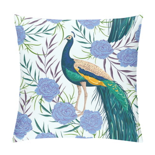 Personality Seamless Pattern With Peacock, Flowers And Leaves. Vintage Hand Drawn Vector Illustration In Watercolor Style Pillow Covers