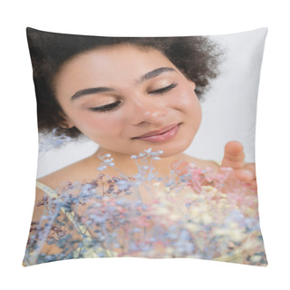 Personality  Portrait Of Young African American Woman With Natural Makeup Touching Baby Breath Flowers Isolated On Grey  Pillow Covers