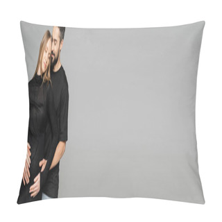 Personality  Positive And Bearded Man In Black T-shirt Hugging Fair Haired And Pregnant Wife While Standing Together Isolated On Grey, Banner, New Beginnings And Anticipation Concept   Pillow Covers
