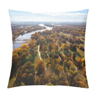 Personality  Autumn Drone Image Of Rotehornpark In Magdeburg, Germany. View Over The Elbe River And Bridge. And A Blue Cloudy Sky Pillow Covers