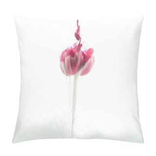 Personality  Close Up View Of Pink Flower And Paint Splashes Isolated On White Pillow Covers