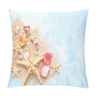 Personality  Beautiful Sea Shells, Starfish And Sand On Color Background Pillow Covers