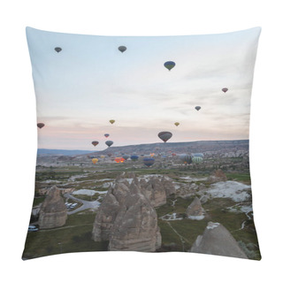 Personality  Front View Of Hot Air Balloons Flying Over Stone Formations, Cappadocia, Turkey Pillow Covers