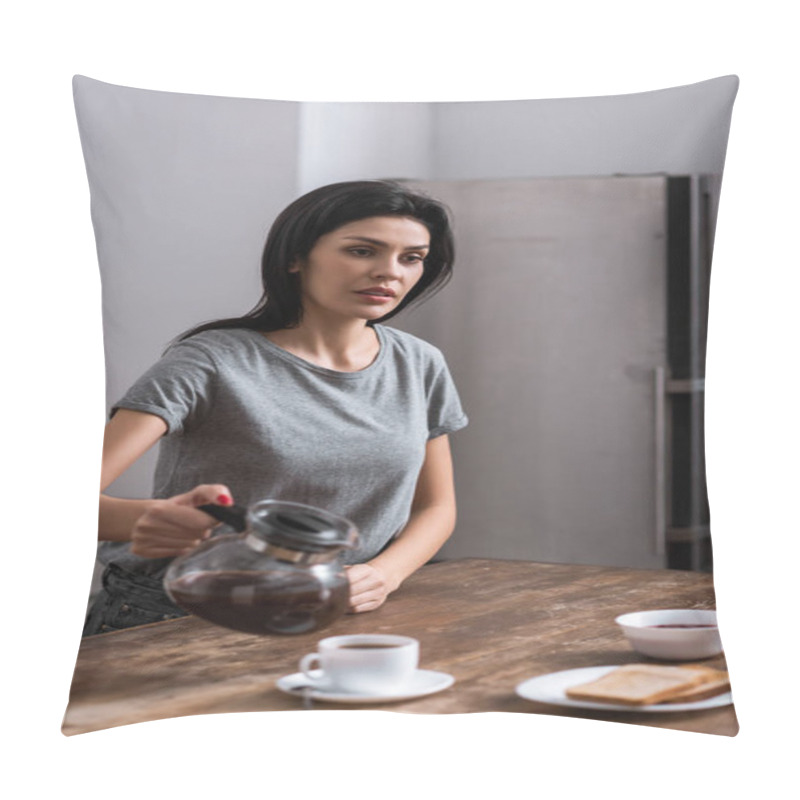 Personality  Selective Focus Of Woman With Bruise On Face Holding Coffee Pot Near Cup, Domestic Violence Concept  Pillow Covers