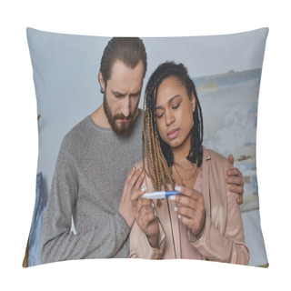 Personality  Abortion Concept, African American Woman And Man Looking At Pregnancy Test, Making Decision, Stress Pillow Covers