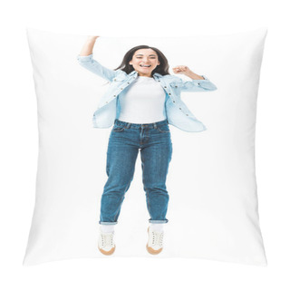 Personality  Attractive And Smiling Asian Woman In Denim Shirt Jumping And Showing Yes Gesture Isolated On White  Pillow Covers