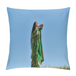 Personality  Summer Enjoyment, Green Field, Indian Woman In Ethnic Wear Smiling With Closed Eyes Under Blue Sky Pillow Covers