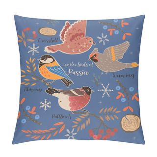 Personality  Set Of Winter Birds Of Russia With Captions. Vector Image Pillow Covers