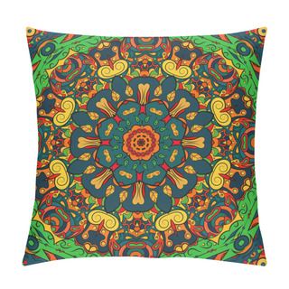 Personality  Seamless Tracery Tile Mehndi Design. Ethnic Ornament, Colorful Doodle Symmetry Texture. Folk Traditional Spiritual Tribal Design. Curved Doodling Motif. Color Art. Vector Pillow Covers