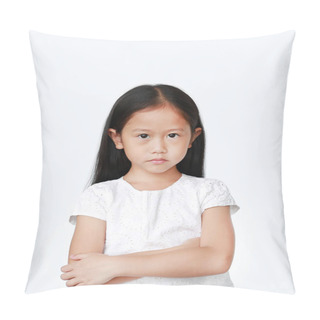 Personality  Cute Little Hispanic Asian Child Girl With Arms Crossed And Angry About Something Over White Background With Looking At Camera. Person With Negative Emotion Concept. Pillow Covers
