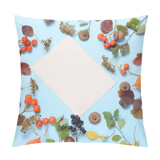Personality  Bright Yellow Autumn Leaves, Chestnuts, Pine Cones And Orange Physalis Flowers On A Blue Background With Copy Space For Text. Beautiful  Frame. Top View Photo Pillow Covers