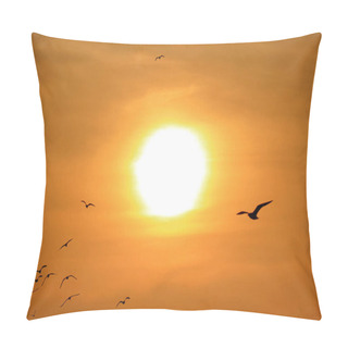 Personality  Silhouette Of Group Of Seagulls Flying Against The Bright Rising Sun Pillow Covers
