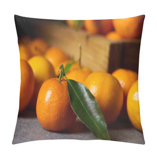 Personality  Selective Focus Of Organic Clementine Near Tangerines With Green Leaves Pillow Covers