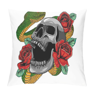 Personality  Colorful Tattoo Design With Skull, Roses And Snake. Illustration. Pillow Covers
