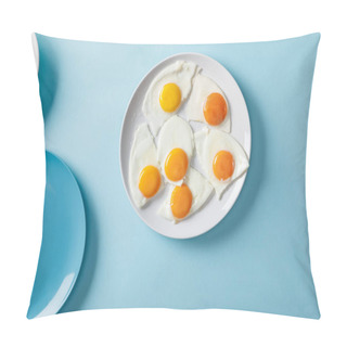 Personality  Top View Of Fried Eggs On White Plate On Blue Background  Pillow Covers