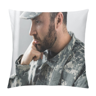 Personality  Pensive Bearded Military Man In Uniform Holding Hand Near Face Pillow Covers