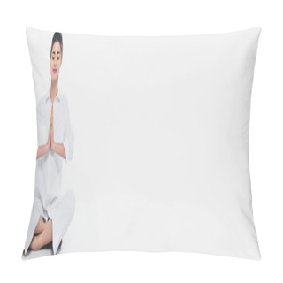 Personality  Young Woman Meditating On White Background, Banner  Pillow Covers