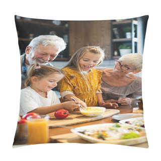 Personality  Smiling Happy Grandfather Helping Children To Cook In The Kitchen Pillow Covers