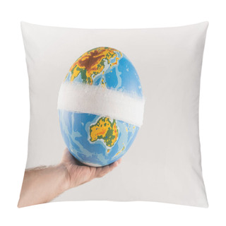 Personality  Partial View Of Man Holding Bandaged Globe Isolated On Grey, Ecology Concept Pillow Covers