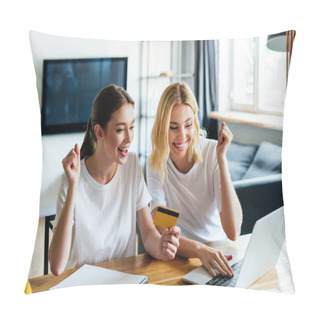 Personality  Cheerful Sisters Online Shopping Near Laptop At Home Pillow Covers