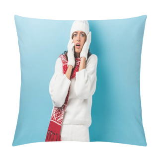 Personality  Sad Young Woman In White Winter Outfit Talking On Smartphone On Blue Pillow Covers