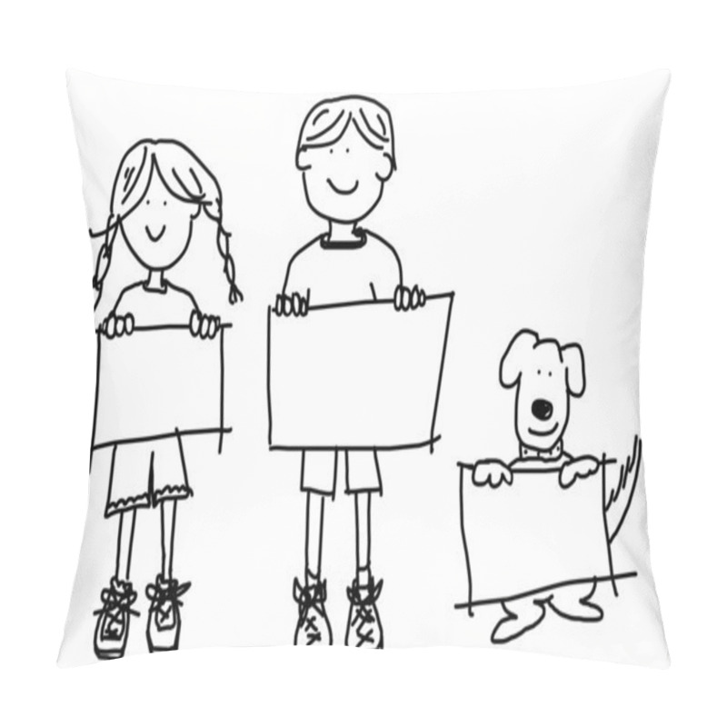 Personality  Kids And Dog Holding Empty Signs Illustration Pillow Covers