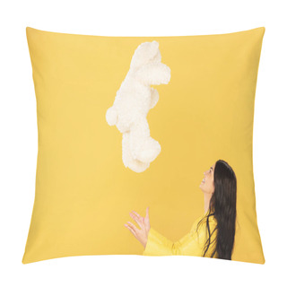 Personality  Beautiful Girl Throwing Up Teddy Bear, Isolated On Yellow Pillow Covers