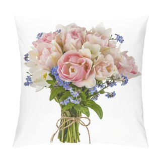 Personality  Bouquet Of Tulips And Forget-me-not, Isolated On White Backgroun Pillow Covers