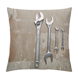 Personality  Top View Of Set Of Wrenches Tools And One Monkey Wrench On The Background Of Old  Surface Pillow Covers
