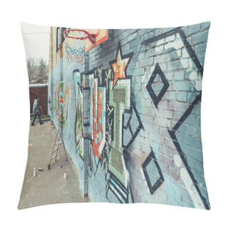 Personality  Man Painting Colorful Graffiti On Wall With Basketball Hoop Pillow Covers