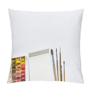 Personality  Top View Of White Background With Album For Drawing, Multicolored Paints And Paintbrushes Pillow Covers