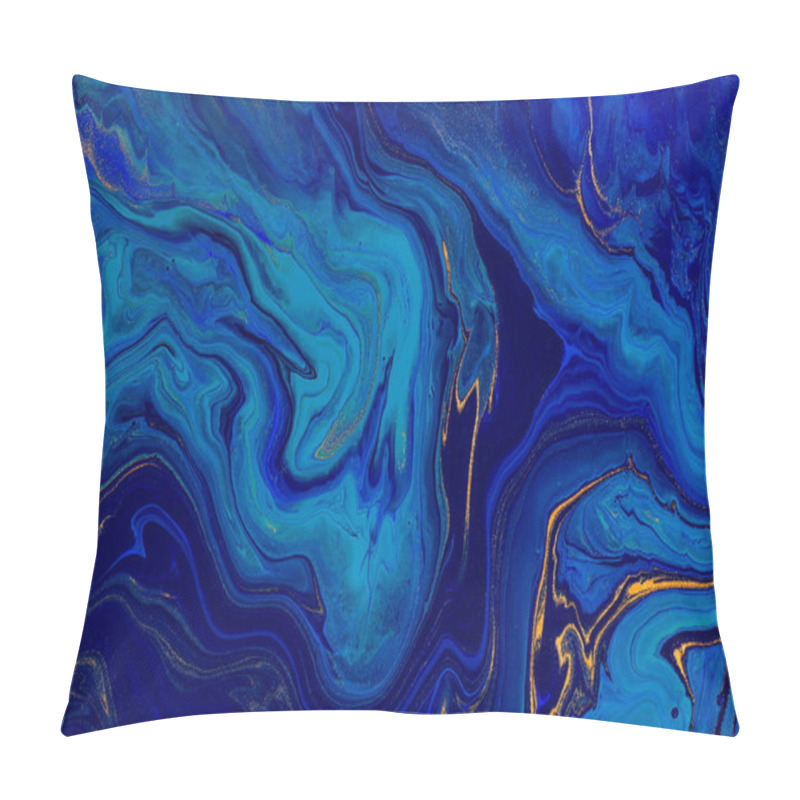 Personality  Hand Painted Background With Mixed Liquid Blue And Golden Paints. Abstract Fluid Acrylic Painting. Modern Art. Marbled Blue Abstract Background. Liquid Marble Pattern Pillow Covers