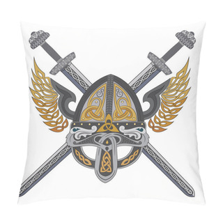 Personality  Viking Winged Helmet With Two Crossed Swords And Scandinavian Pattern Pillow Covers