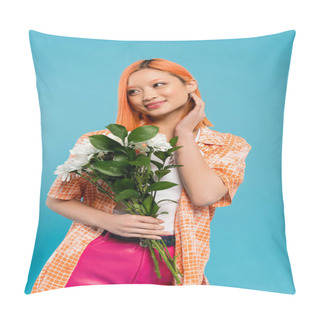 Personality  Sensuality, Joyful Asian Woman With Red Hair Holding White Flowers On Blue Background, Casual Attire, Generation Z, Floral Bouquet, Spring Vibes, Happy Face, Generation Z, Youth Culture  Pillow Covers